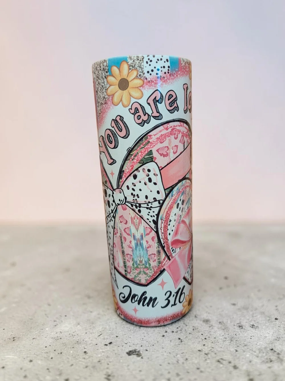 You Are Loved Pink Inspirational 20oz Sublimated Skinny Tumbler- John 3:16
